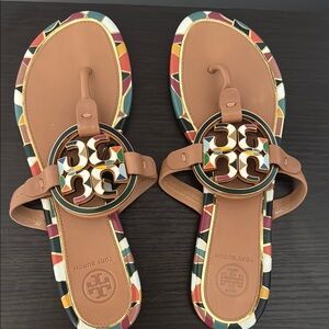 Tory Burch Miller Enamel-Logo Sandal, Leather in Aged Vachetta